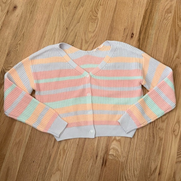 Cotton Blend Striped Colorful Chunky Knit Cardigan Sweater Button Front Large - Picture 5 of 15